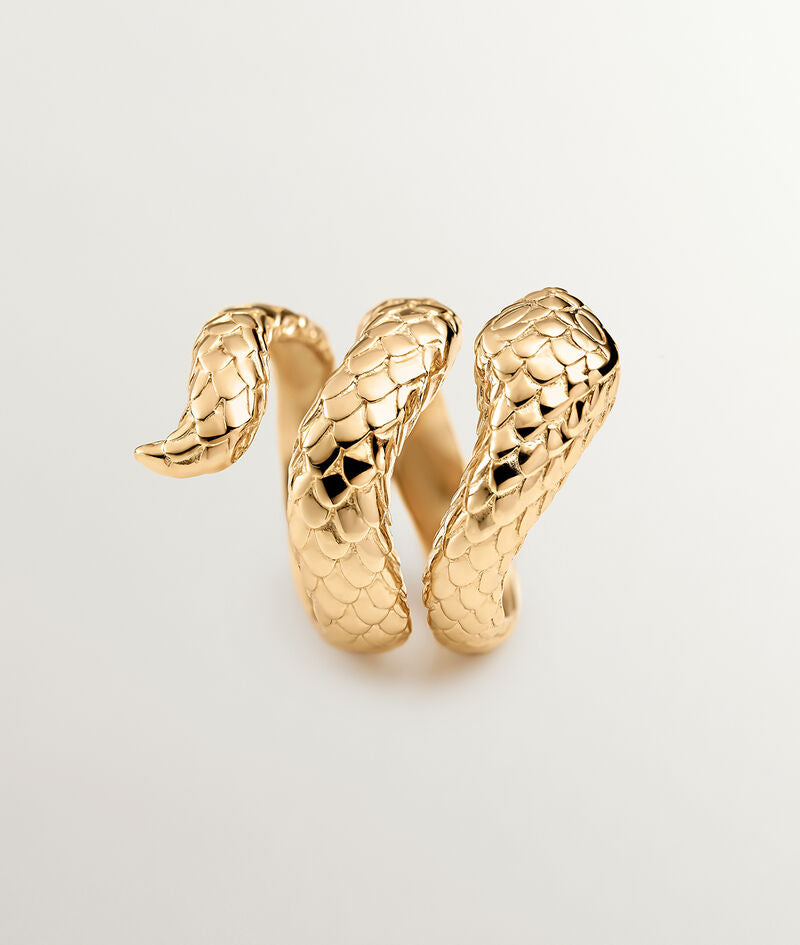 Anillo ancho de plata 925 bañada en oro amarillo de 18K con forma de serpiente