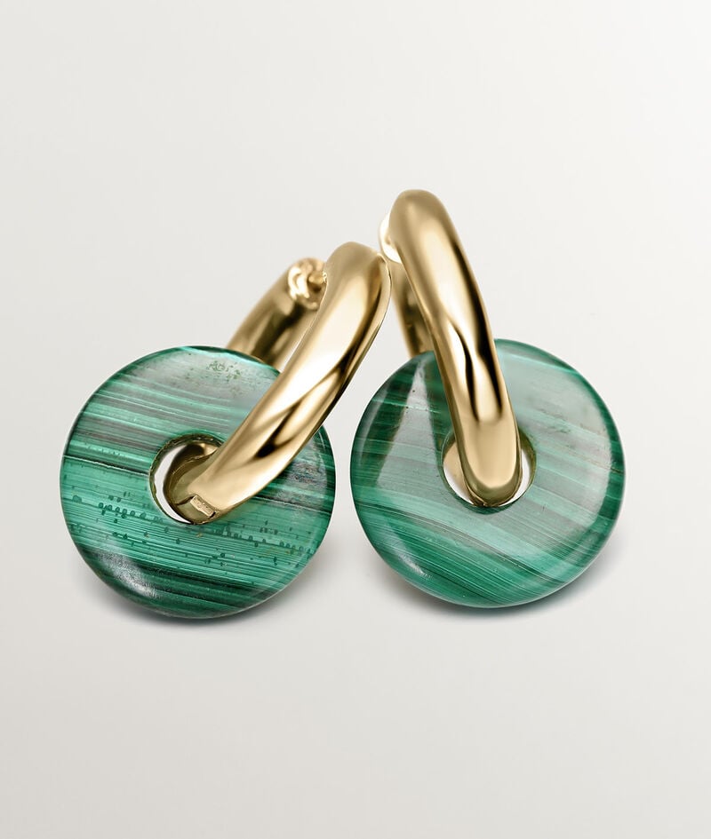 Pendientes de aro mediano de plata 925 bañada en oro amarillo de 18K con malaquita verde