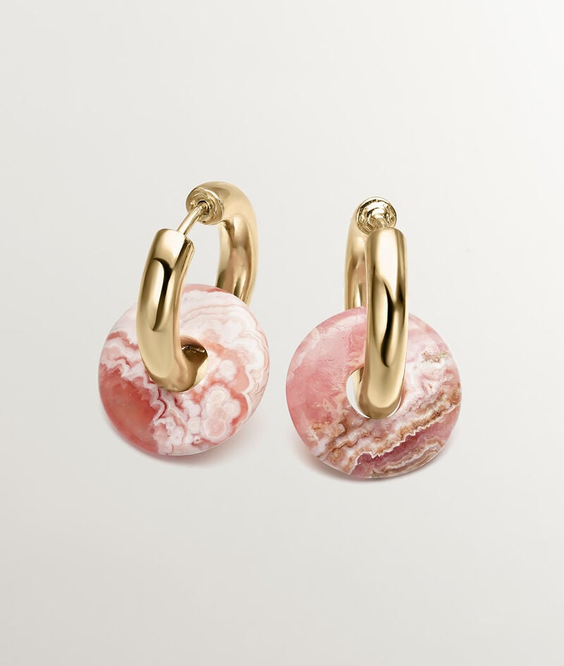 Pendientes de aro mediano de plata 925 bañada en oro amarillo de 18K con rodocrosita rosa