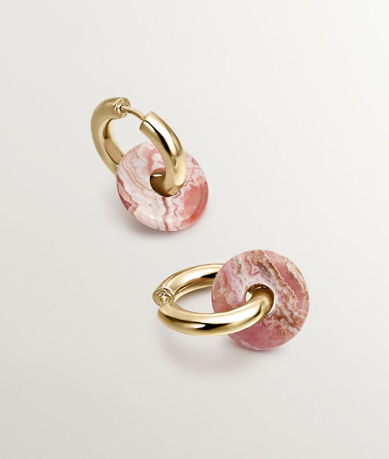 Pendientes de aro mediano de plata 925 bañada en oro amarillo de 18K con rodocrosita rosa