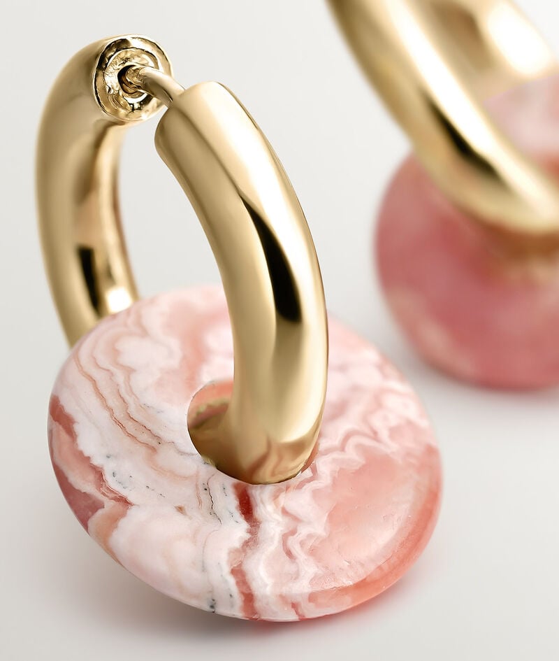 Pendientes de aro mediano de plata 925 bañada en oro amarillo de 18K con rodocrosita rosa