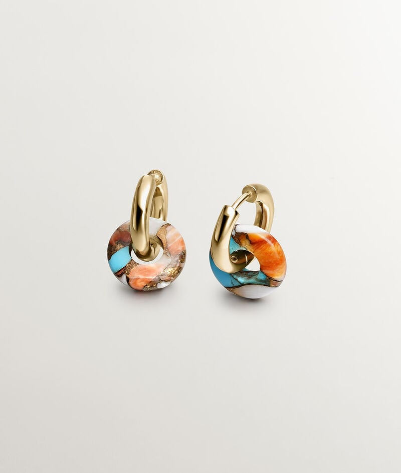 Pendientes de aro medianos de plata 925 bañada en oro amarillo de 18K con turquesa multicolor