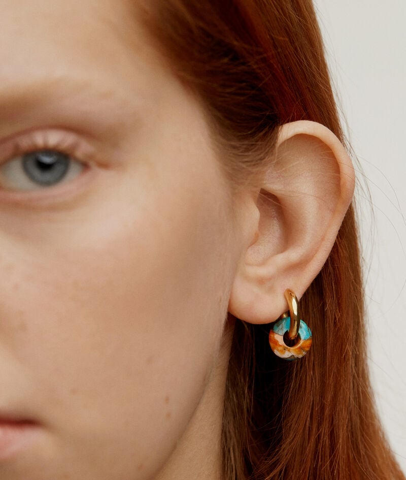 Pendientes de aro medianos de plata 925 bañada en oro amarillo de 18K con turquesa multicolor