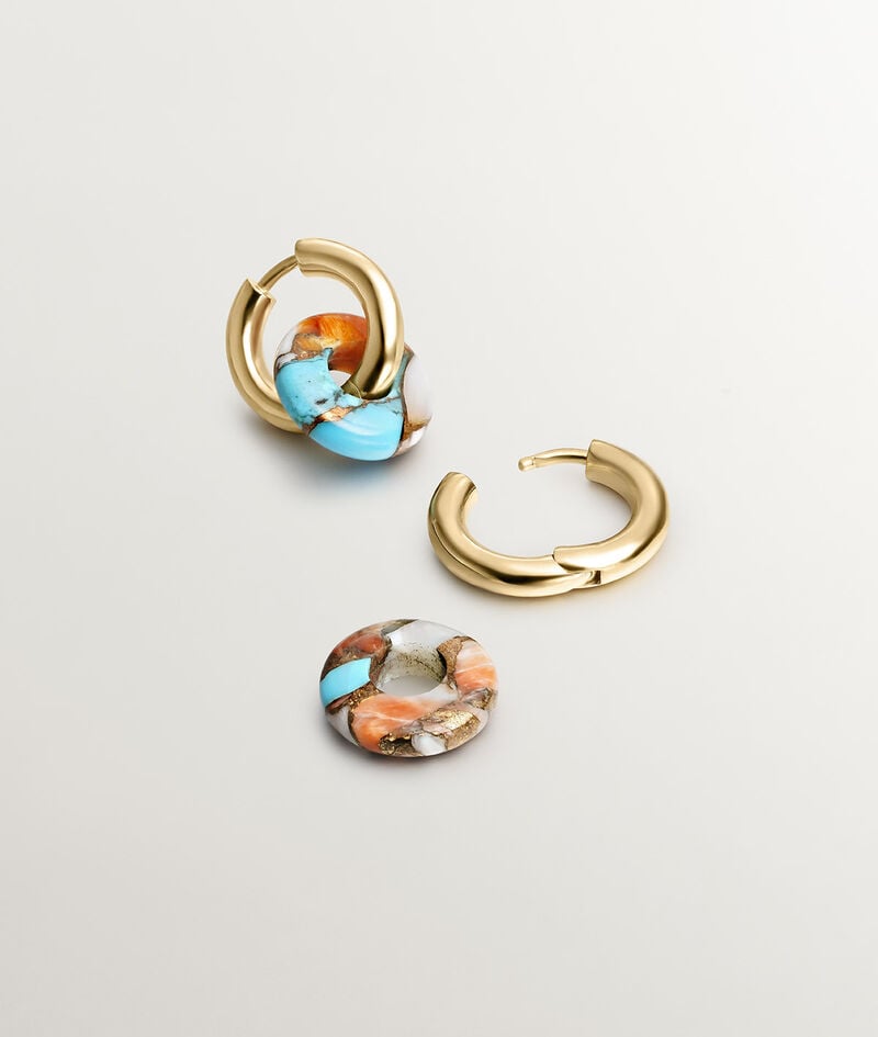 Pendientes de aro medianos de plata 925 bañada en oro amarillo de 18K con turquesa multicolor