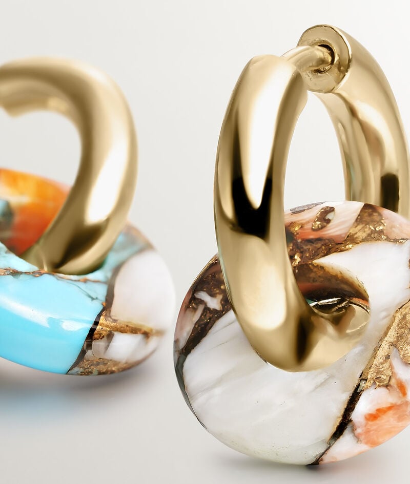 Pendientes de aro medianos de plata 925 bañada en oro amarillo de 18K con turquesa multicolor