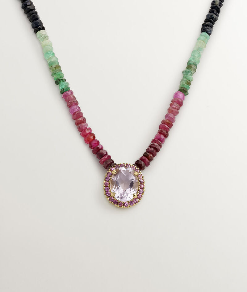 Collar de plata 925 bañada en oro amarillo de 18K con zafiros multicolor, rodolita rosa y amatista morada