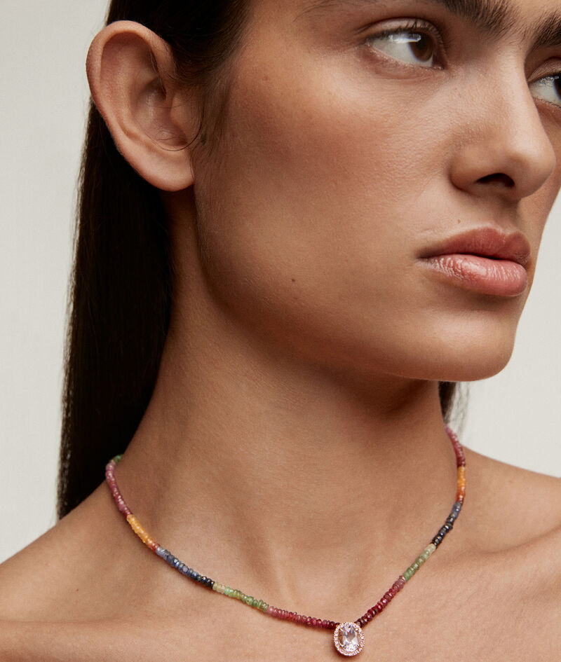 Collar de plata 925 bañada en oro amarillo de 18K con zafiros multicolor, rodolita rosa y amatista morada