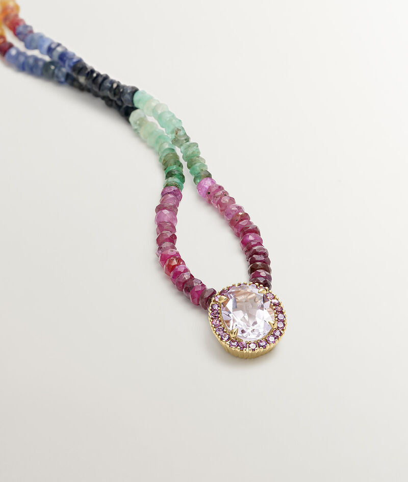 Collar de plata 925 bañada en oro amarillo de 18K con zafiros multicolor, rodolita rosa y amatista morada