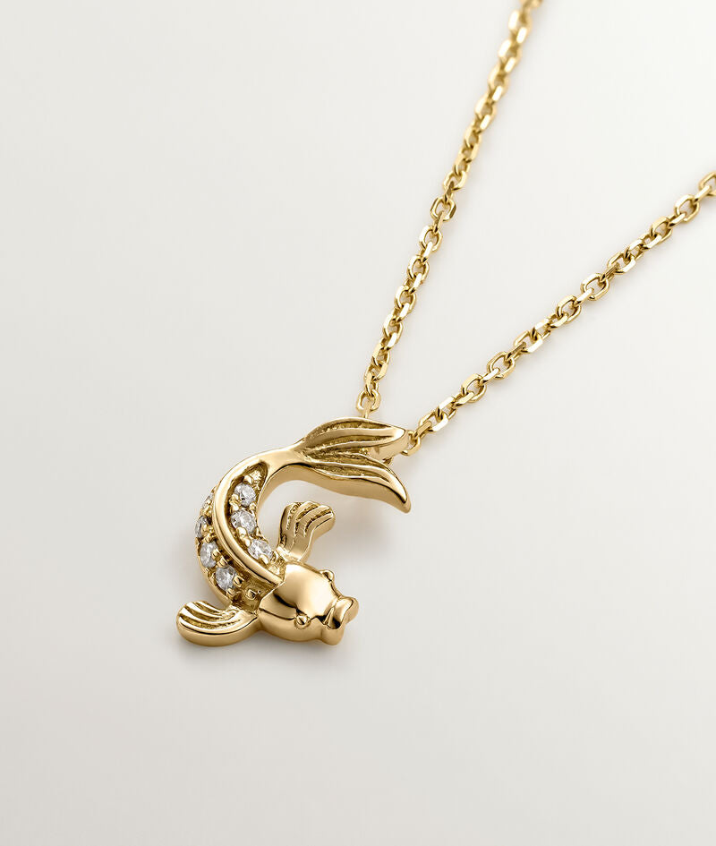Colgante de oro amarillo de 18k con diamantes con forma de pez