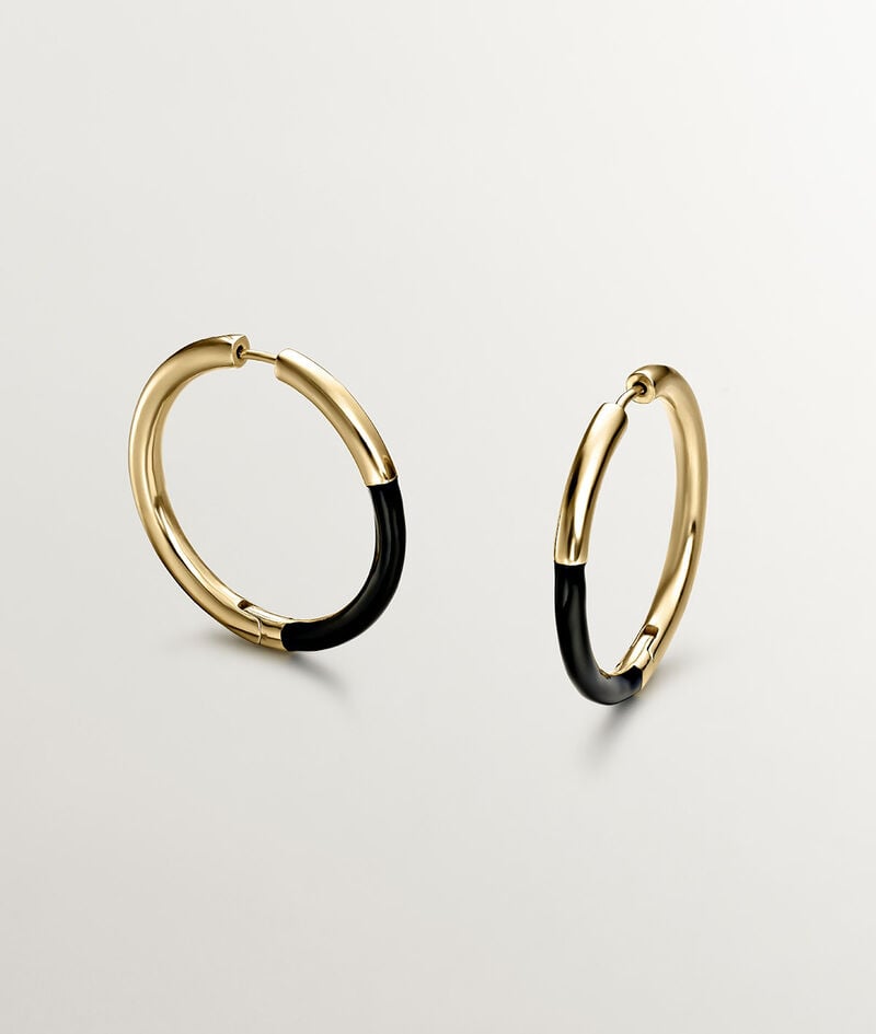 Pendientes de aro grandes de plata 925 bañada en oro amarillo de 18K con esmalte negro