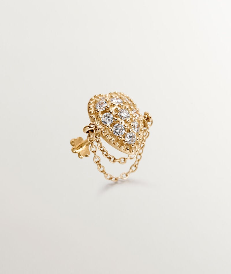 Pendiente individual de oro amarillo de 9K con diamantes y cadenas