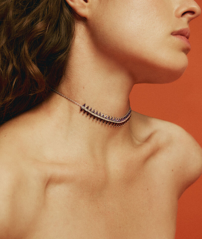 Choker de plata 925 con granates, amatistas moradas y zafiros blancos