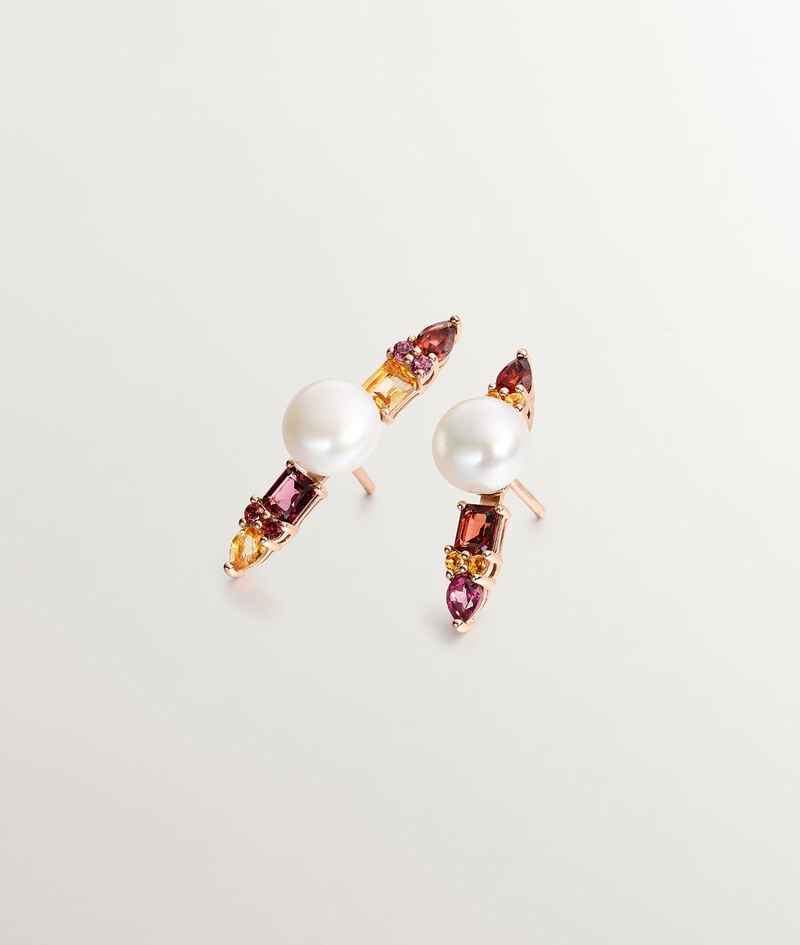 Pendientes de plata 925 bañada en oro rosa de 18K con perlas, rodolitas moradas, granates y cuarzos citrinos