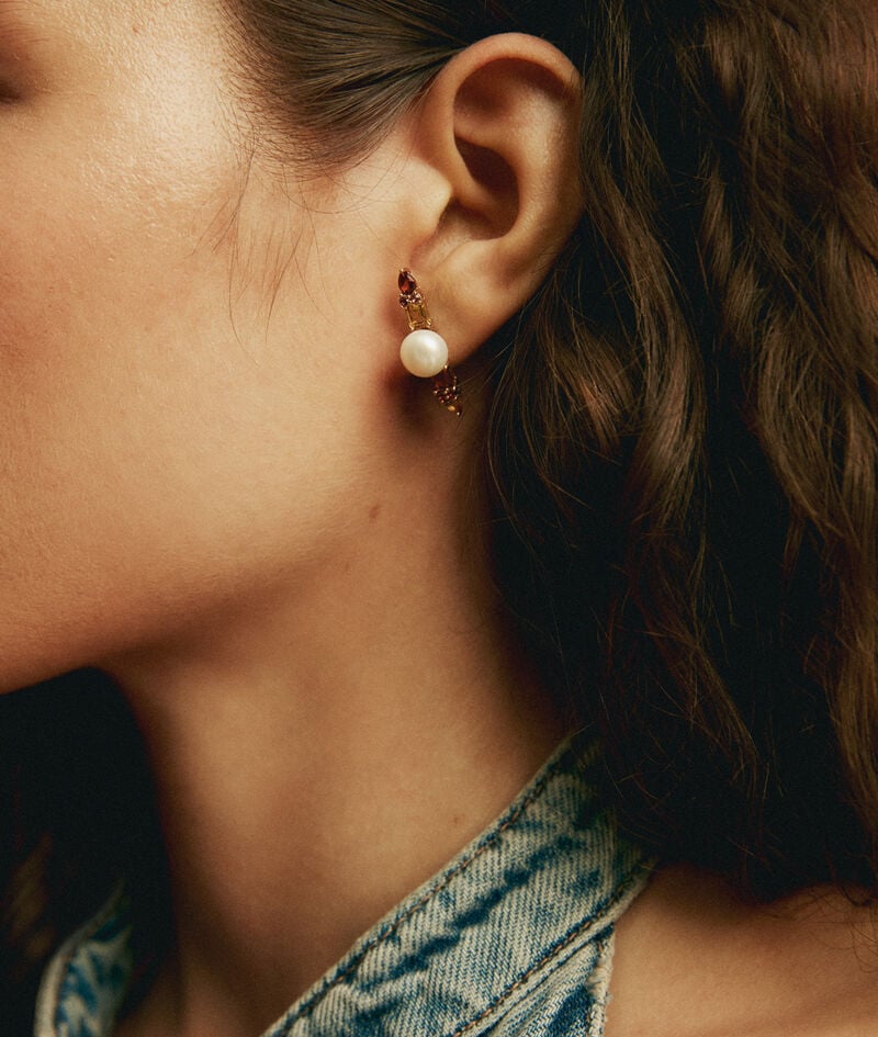 Pendientes de plata 925 bañada en oro rosa de 18K con perlas, rodolitas moradas, granates y cuarzos citrinos