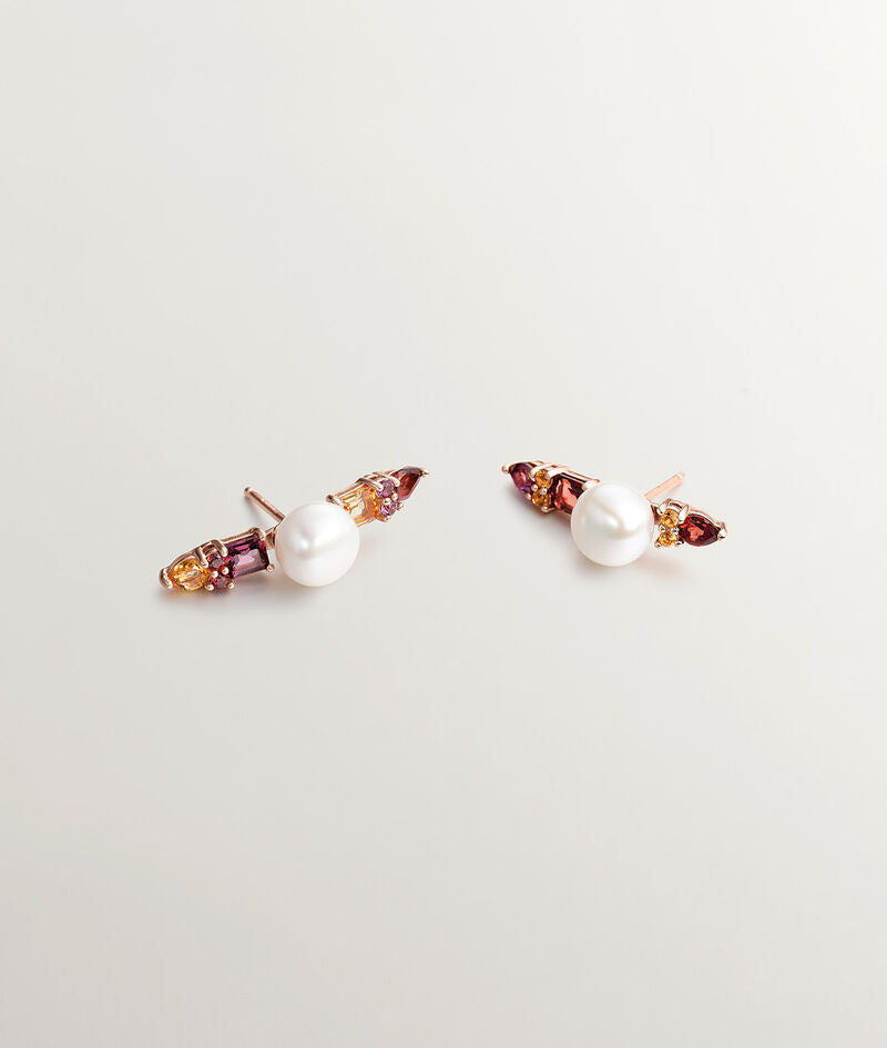 Pendientes de plata 925 bañada en oro rosa de 18K con perlas, rodolitas moradas, granates y cuarzos citrinos