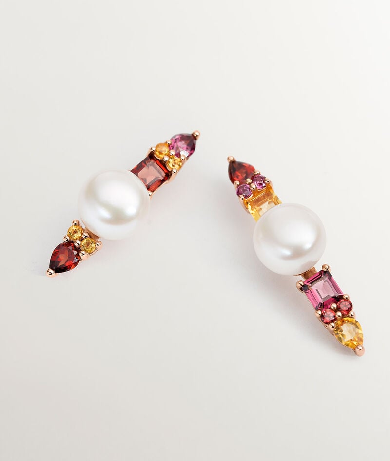 Pendientes de plata 925 bañada en oro rosa de 18K con perlas, rodolitas moradas, granates y cuarzos citrinos