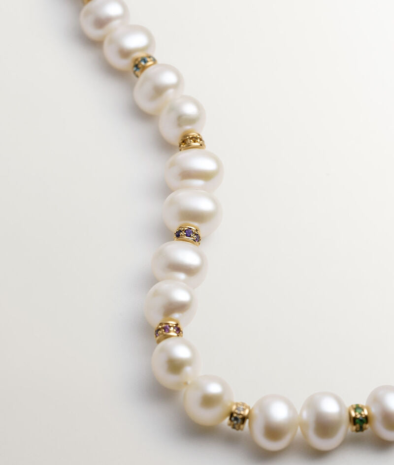 Collar de plata 925 bañada en oro amarillo de 18K con perlas y piedras multicolor