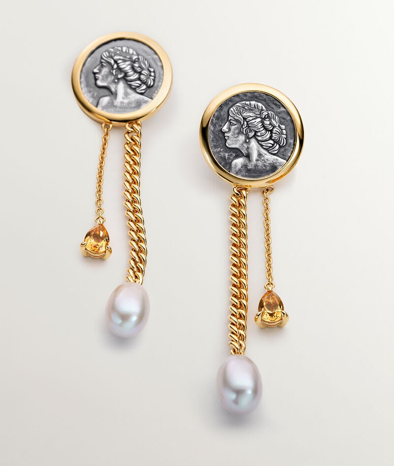 Pendientes de plata 925 bañada en oro amarillo de 18K con cadenas, perlas y cuarzos citrinos