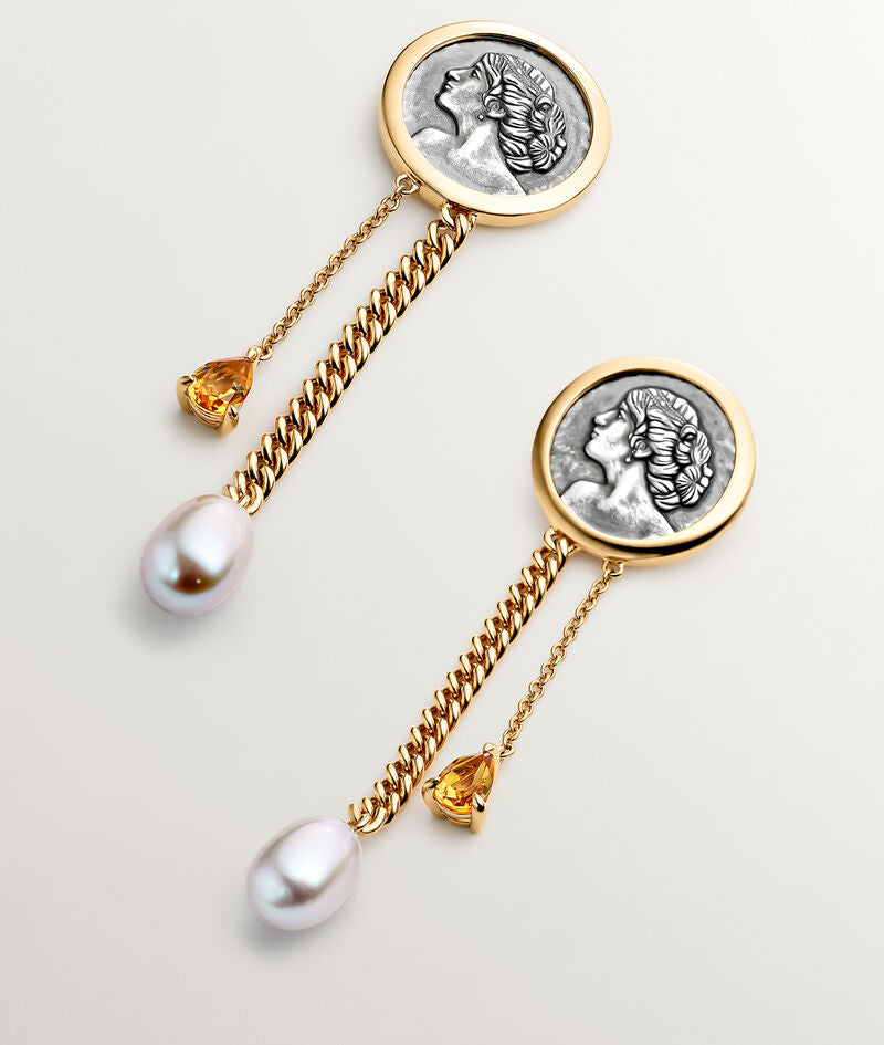 Pendientes de plata 925 bañada en oro amarillo de 18K con cadenas, perlas y cuarzos citrinos