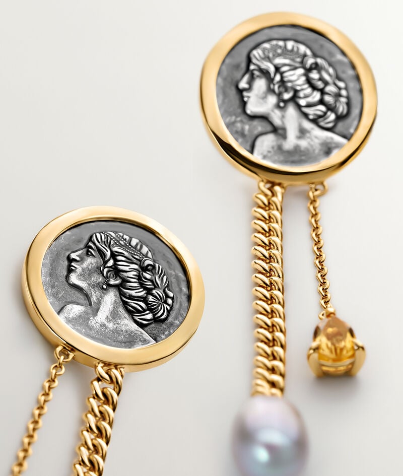 Pendientes de plata 925 bañada en oro amarillo de 18K con cadenas, perlas y cuarzos citrinos